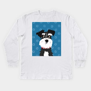 Black and White Miniature Schnauzer Dog with Blue Daisies Kids Long Sleeve T-Shirt